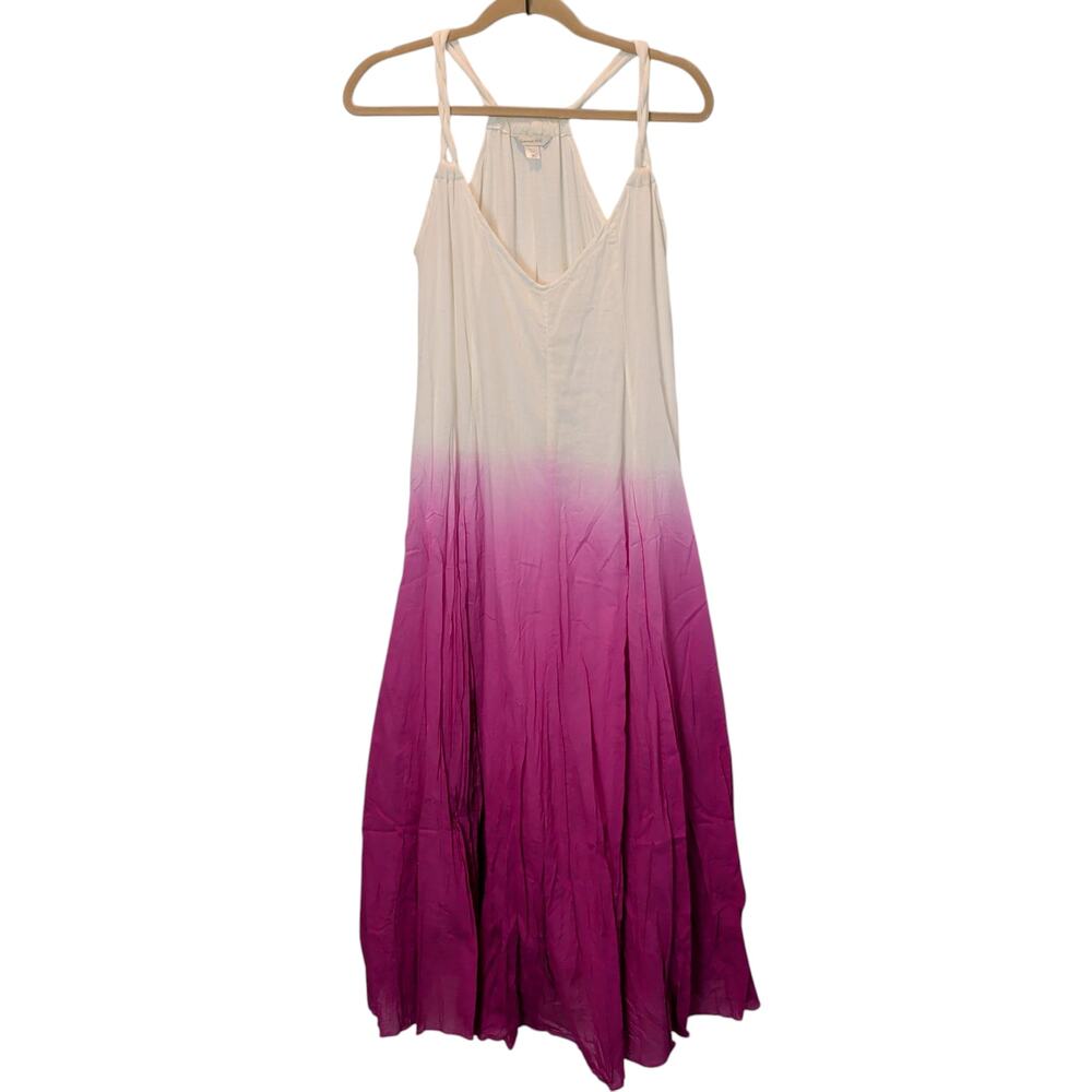 Garnet Hill Women Sz XS Ombre Maxi Dress Magenta Pink Gauzy Crinkle Cotton Beach